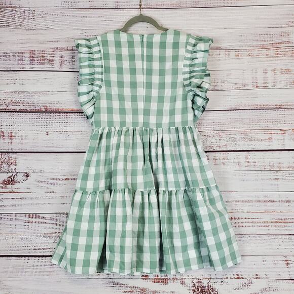 English Factory Cottagecore Dress S GreenWhite Check Ruffle Tiered Peasant - Picture 2 of 14